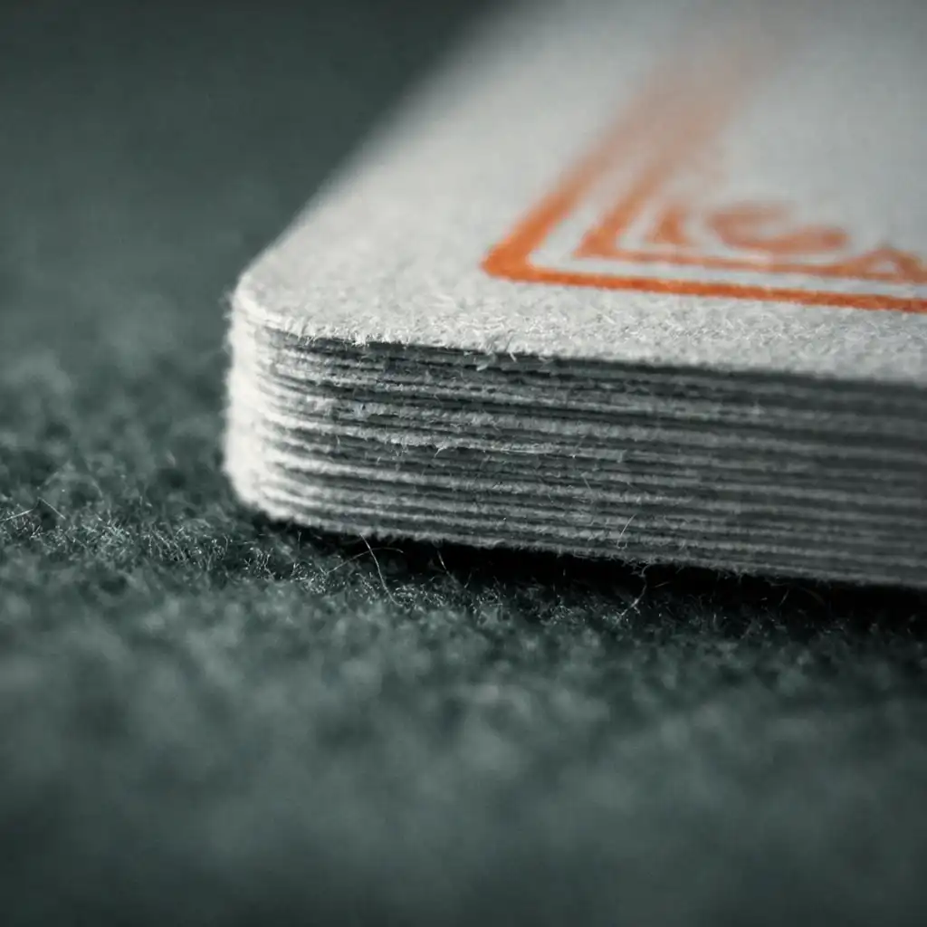 Extreme macro of a playing card edge resting on dark forest felt in the Card Lounge