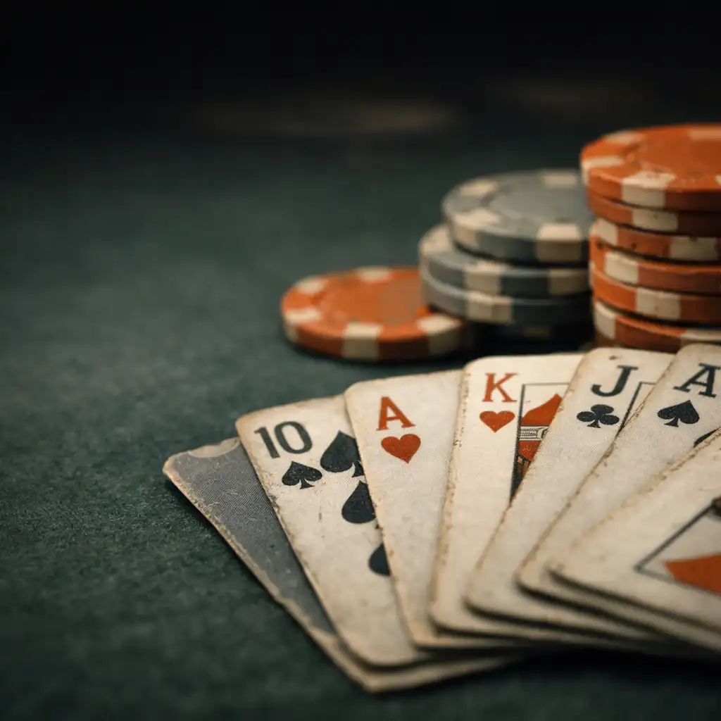 Playing cards spread on dark forest felt with clay poker chips, Card Lounge at Poker Lounge Emu
