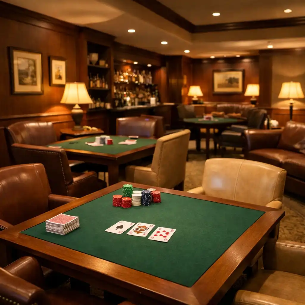 Interior of a card lounge with comfortable seating, small card tables, and soft warm lighting