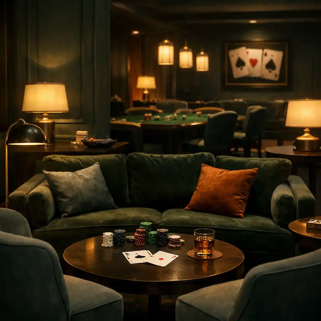 Card Lounge at night with warm low lighting and comfortable seating away from poker tables