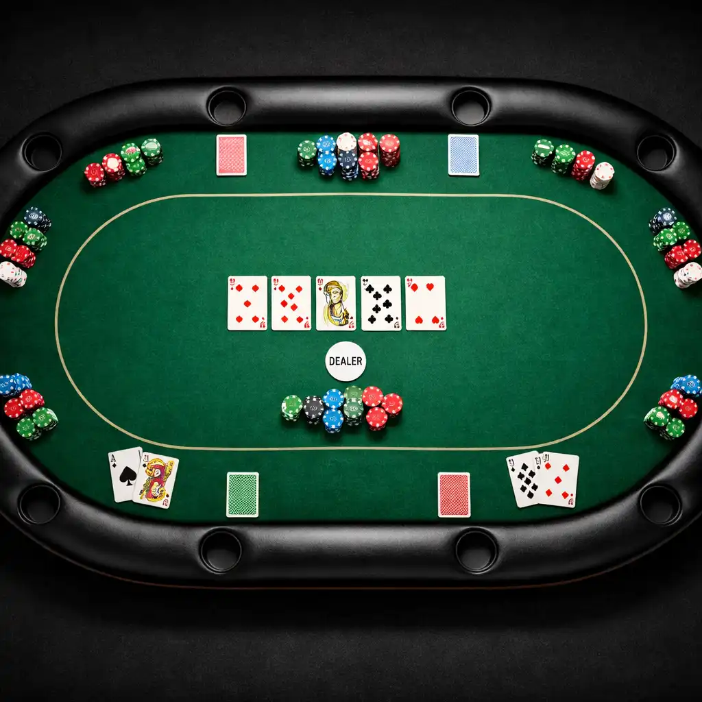 Overhead photograph of a complete oval poker table with felt, rail, cards, and chips neatly arranged