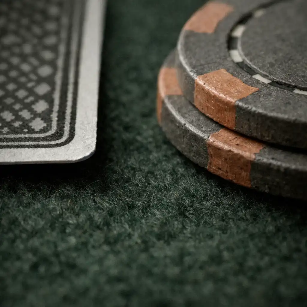 Extreme macro photograph of dark forest green felt with a playing card edge and clay poker chips, highlighting the tactile materials of the Poker Room