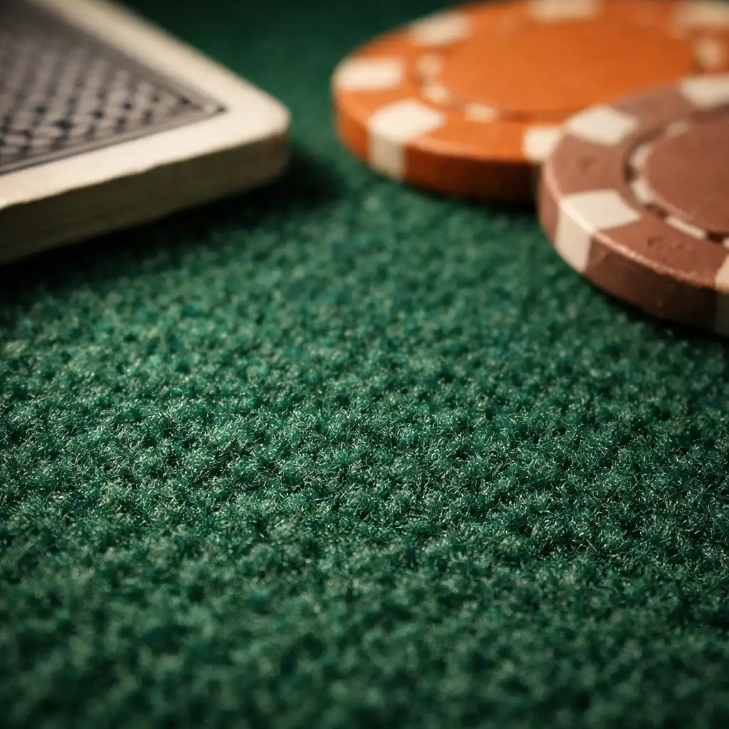 Extreme macro photograph of dark green poker table felt with fine fibres, a single card edge, and two clay chips