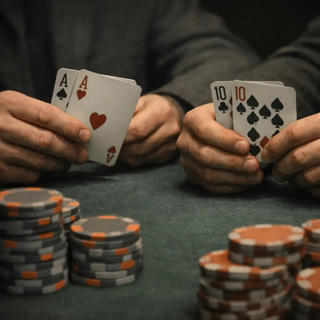Close-up of two players' hands holding playing cards at a poker table in the Card Lounge