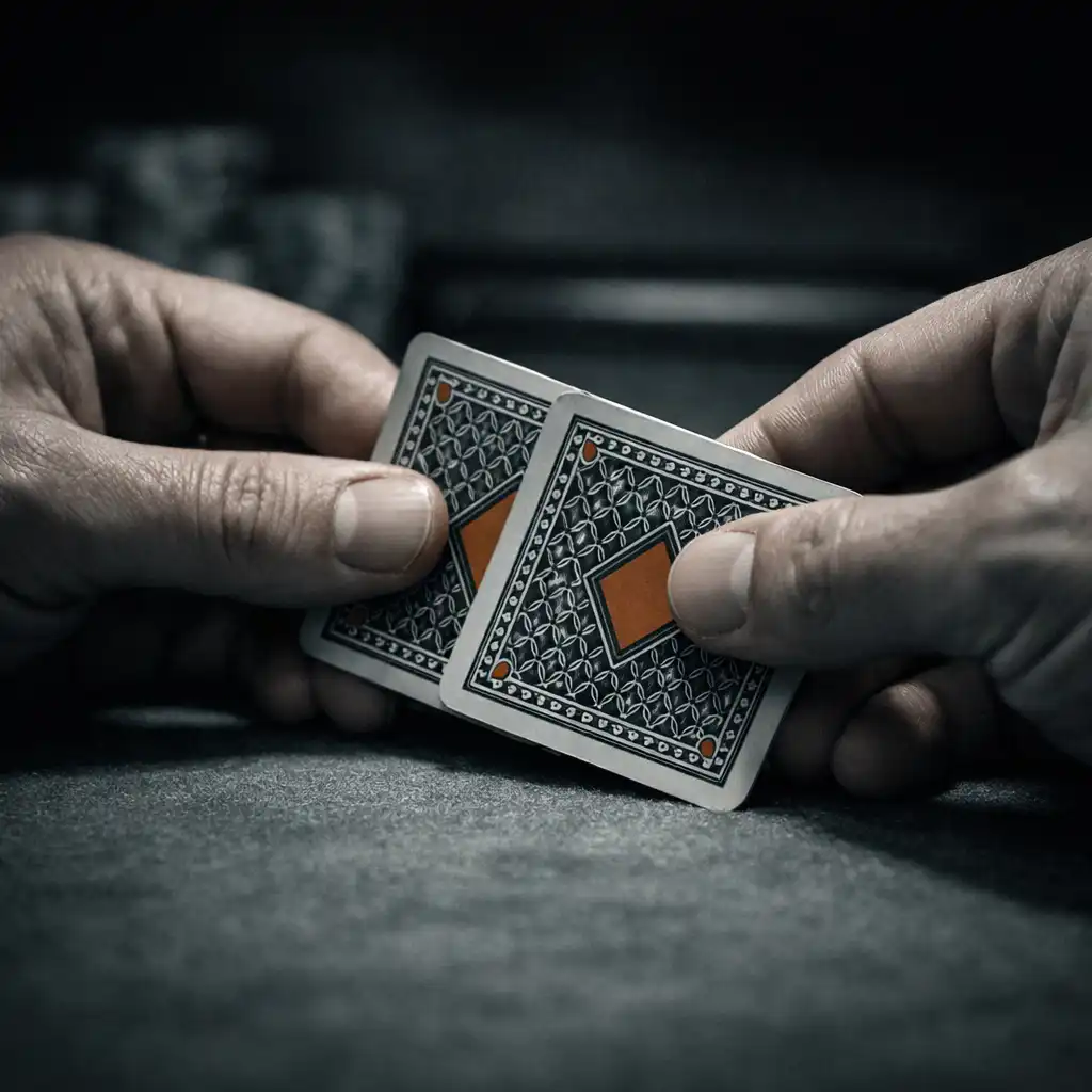 Close-up of hands holding physical playing cards over a poker table
