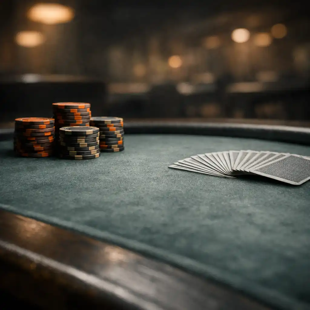 Low-angle view of a serious poker table with felt texture, clay chips, and playing cards in a dimly lit room
