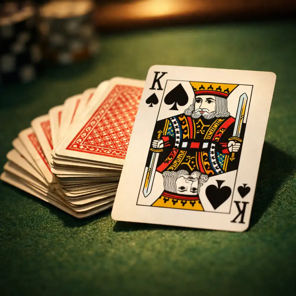 A physical deck of playing cards fanned on a poker table with one face card turned up
