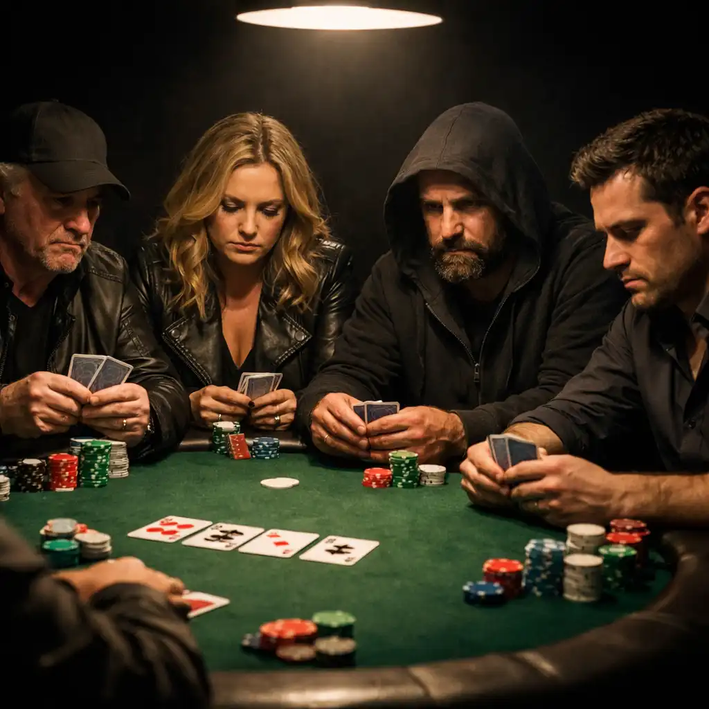 Four serious poker players seated at a table, focused on their cards under dramatic overhead lighting