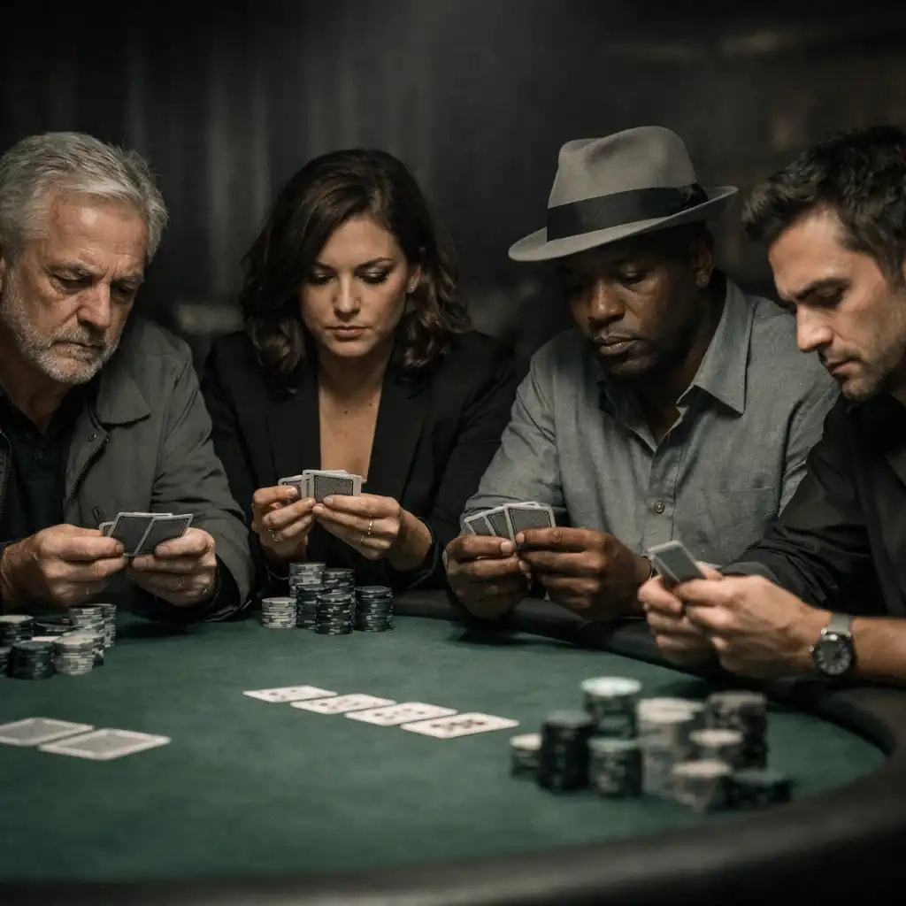 Four serious poker players seated at a felt-covered table, concentrating on their cards under dramatic lighting