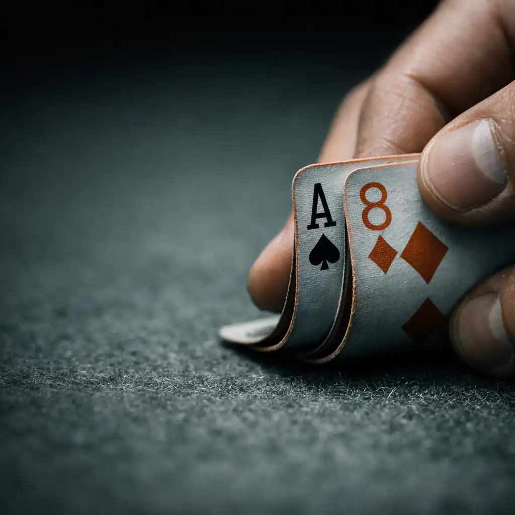 Hands holding physical playing cards over dark green felt on a real poker table