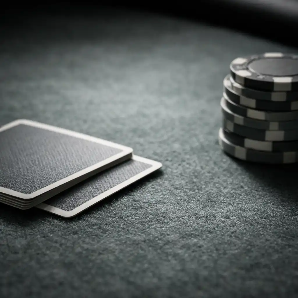 Macro detail of a poker table felt with cards and chips in the Poker Room