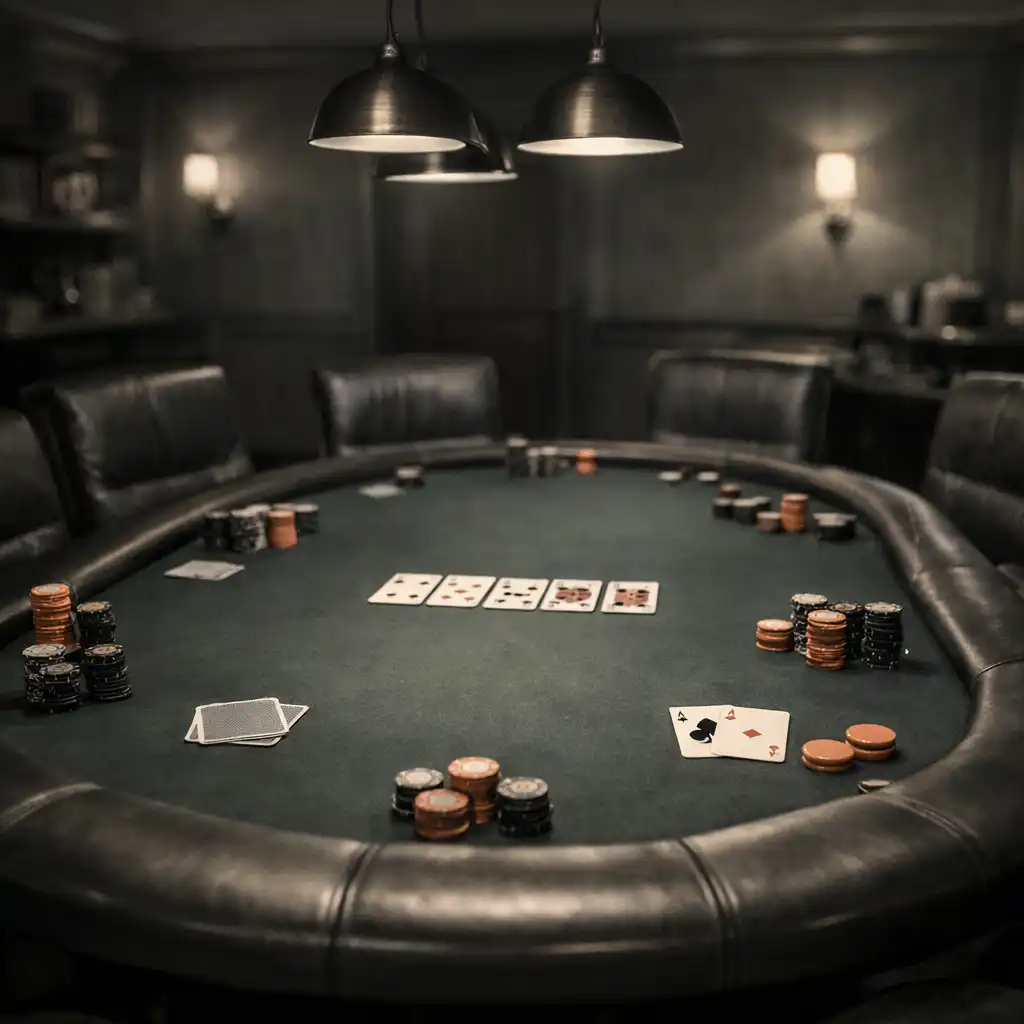 Wide-angle view of the dedicated Poker Room at Poker Lounge Emu, showing a large felt-covered poker table surrounded by leather chairs under warm focused lighting