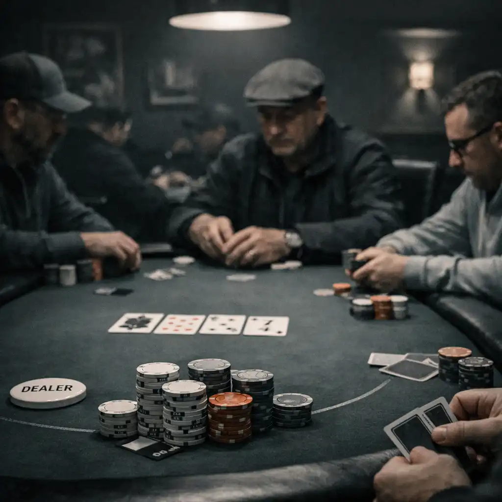 Interior of the dedicated Poker Room at night with real poker tables and focused players
