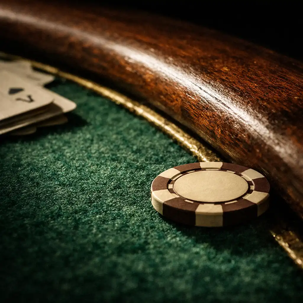 Close-up of a player's hands holding cards at the edge of a poker table