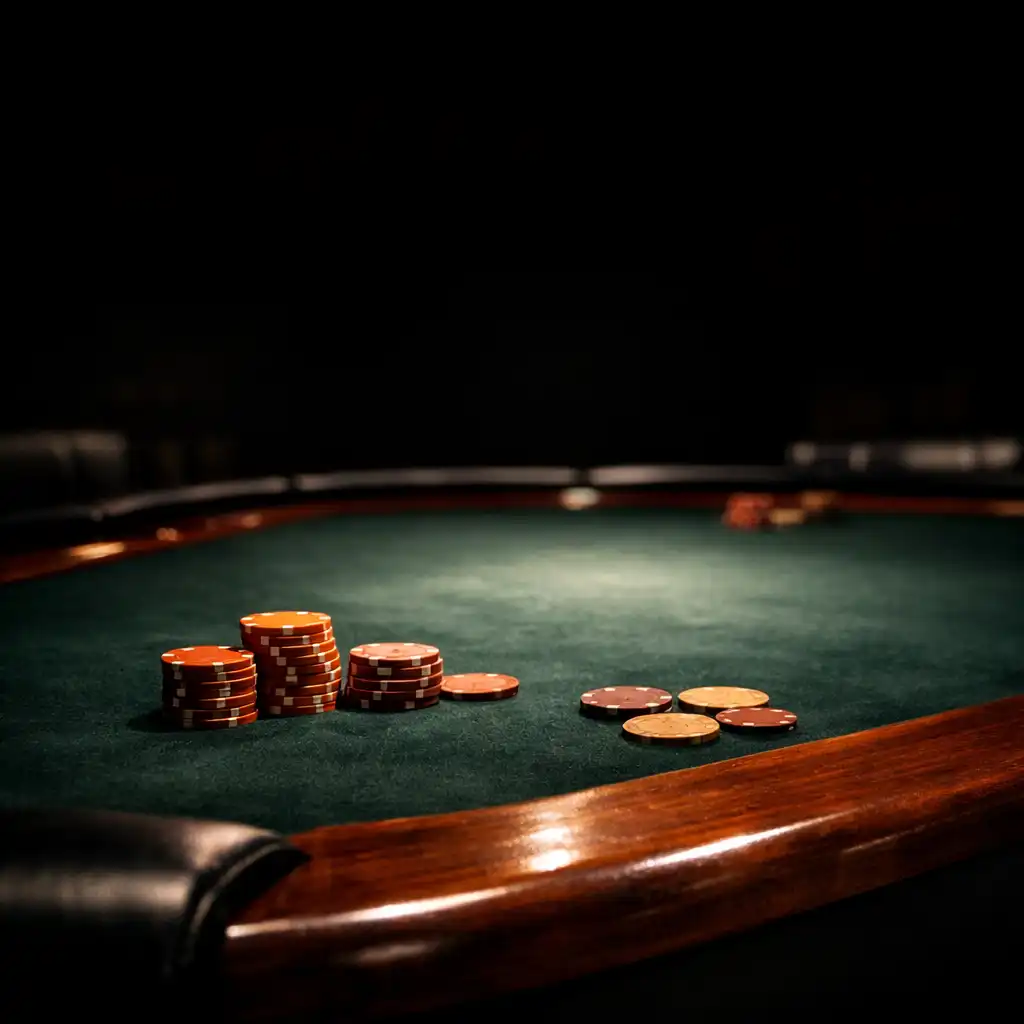 Macro view of a real poker table with dark green felt, physical playing cards, and clay chips