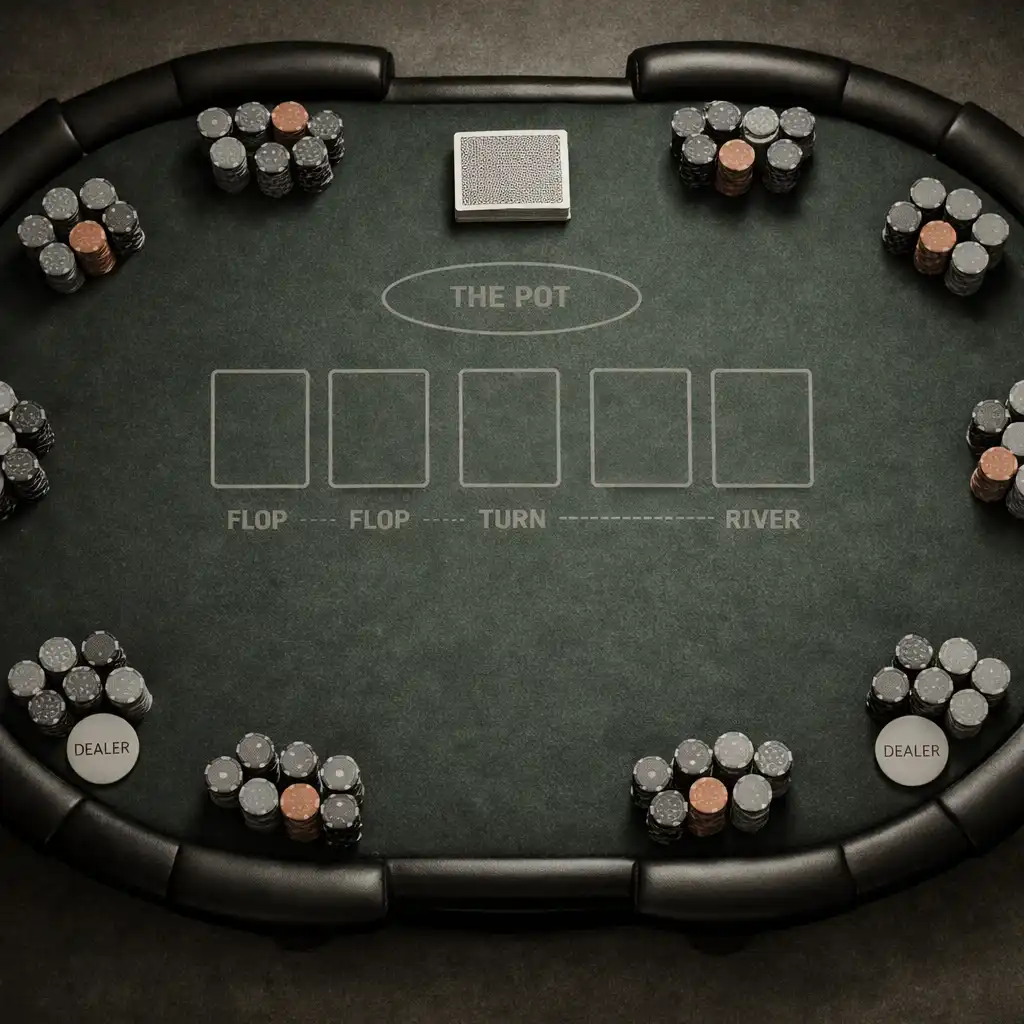 Overhead view of a professional poker table with dark green felt, player positions, a deck of cards, and stacks of chips