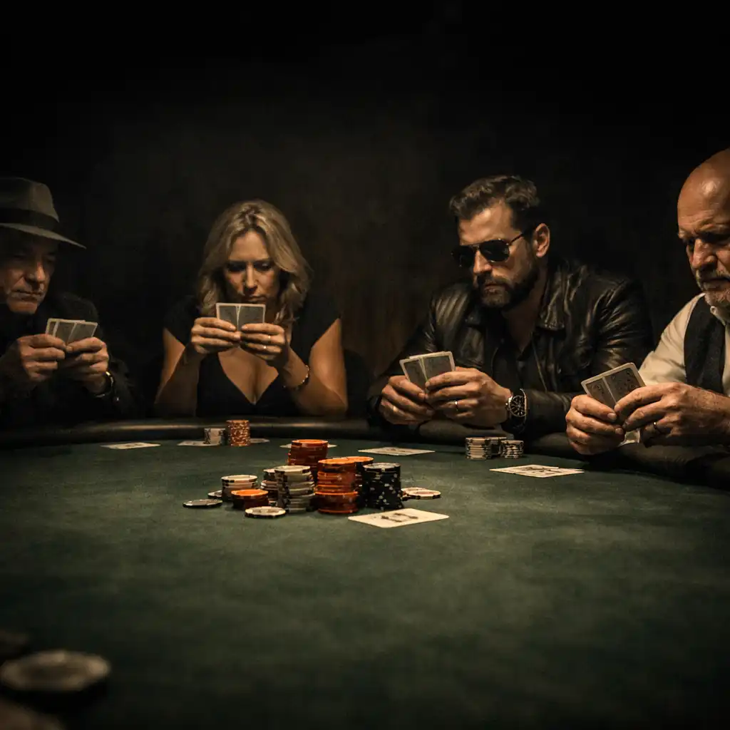 Private poker table with players focused on their cards in a dimly lit room