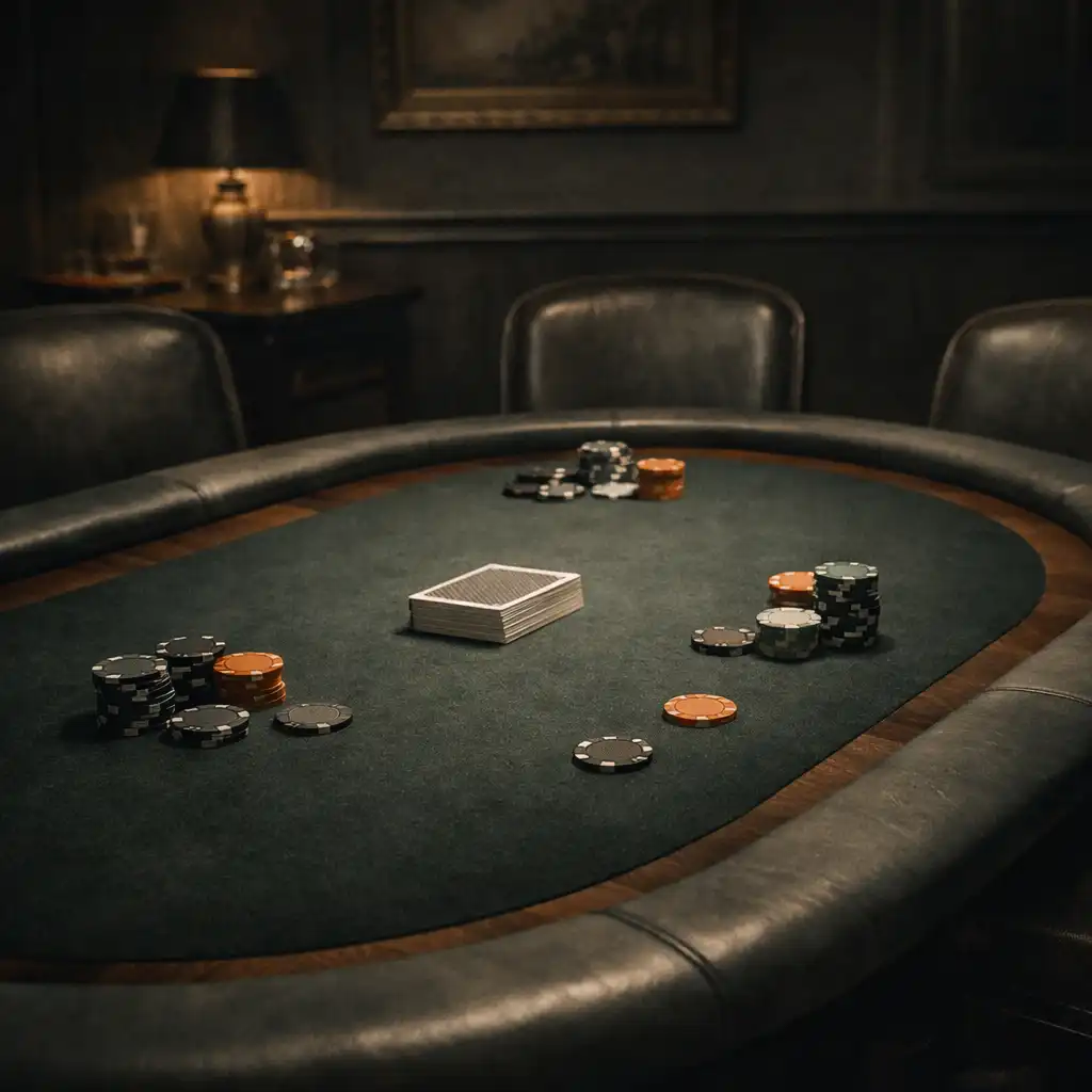 Private poker table with dark green felt, empty chairs, and a deck of cards in a dimly lit room