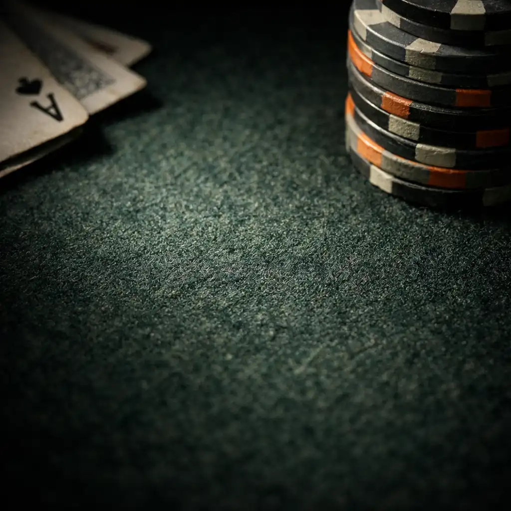 Macro detail of a private poker table showing felt texture, card edges, and clay chips